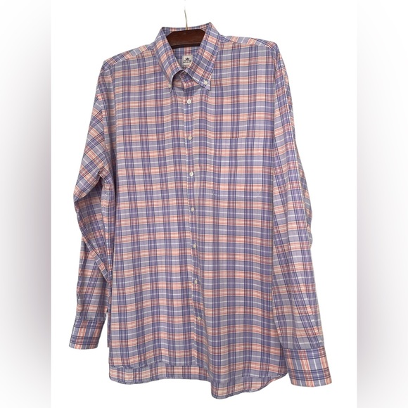 Peter Millar Mens Plaid Lavender Coral Button Front Shirt Top Mens EUC Size XL - Picture 2 of 8
